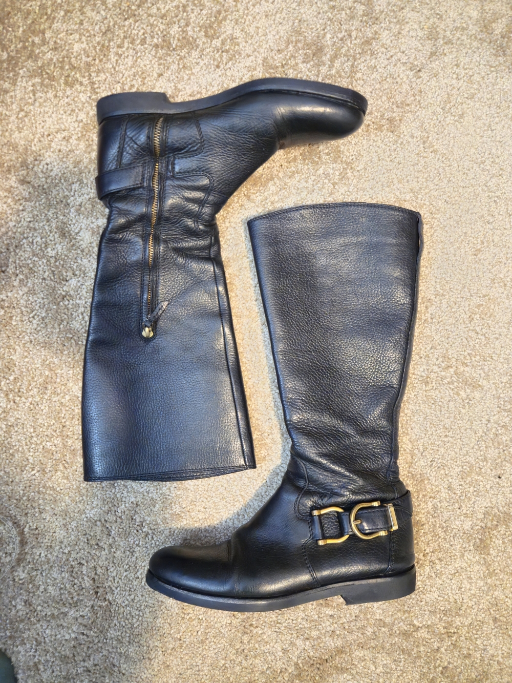 Burberry Black Leather Knee-High Boots with Gold Buckle